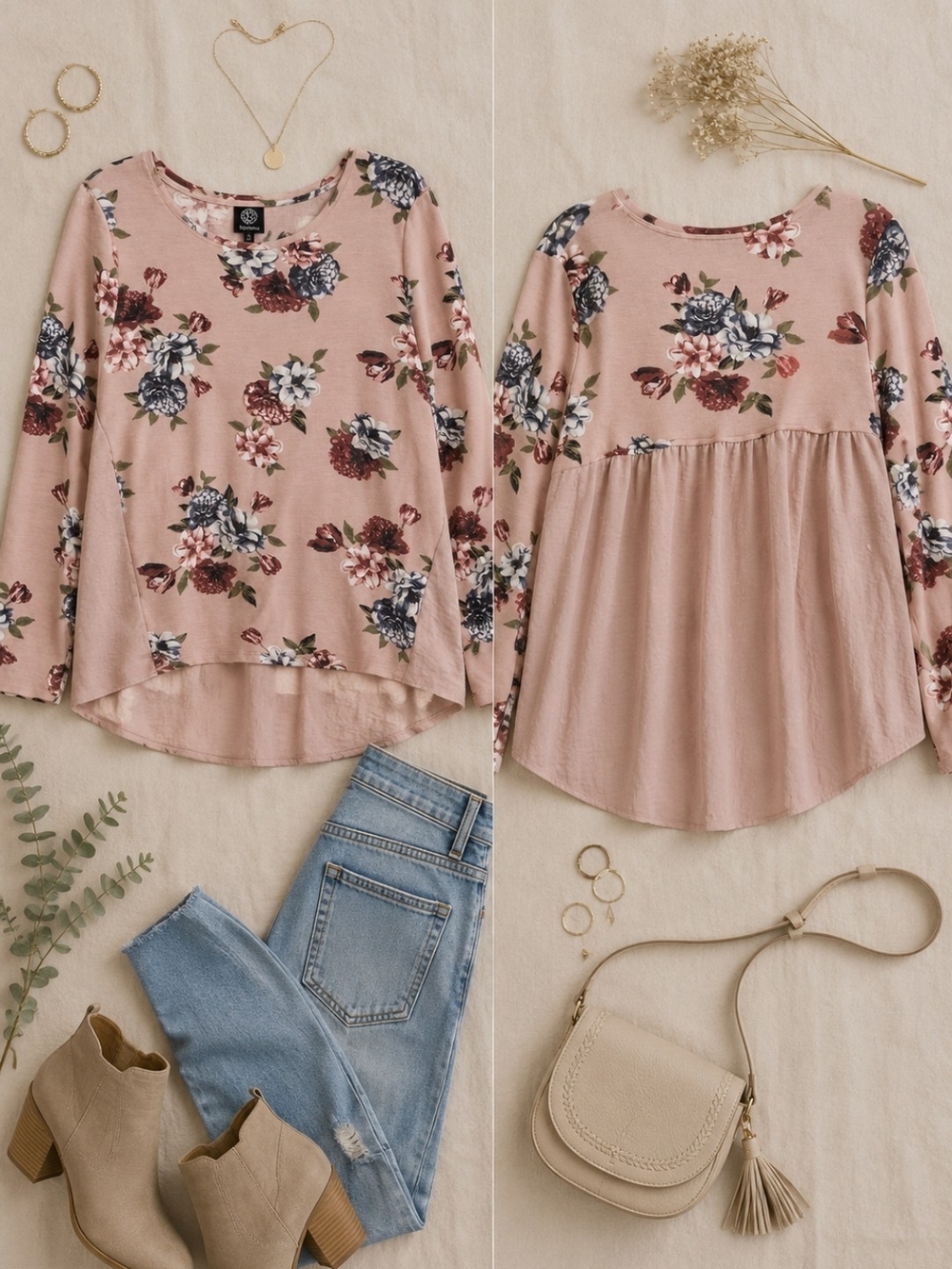 Bobeau Blush Floral Babydoll Top Sz Large Boho Cottagecore High Low Long Sleeve